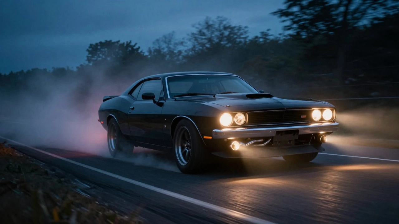 A muscle car speeding on a twilight road with a 3-inch dual-tip exhaust emitting thermal distortion waves.