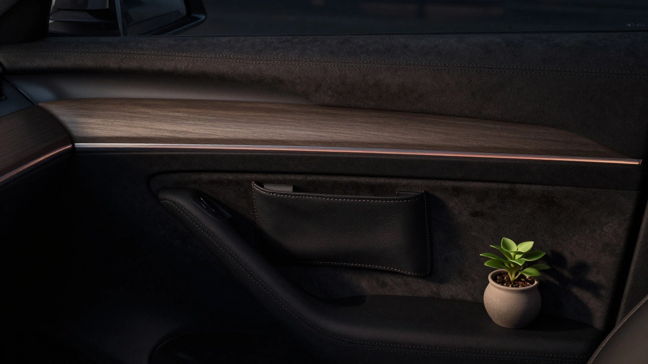 Aerial view of a minimalist car cabin at night with soft lighting, Alcantara headliner, and a single ceramic plant.