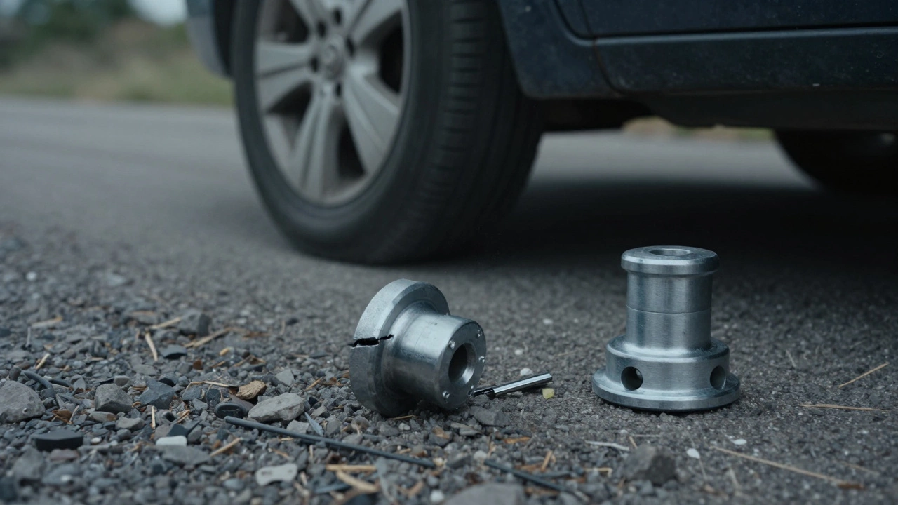 Broken cheap wheel spacer on gravel road beside a wobbling wheel, showing failure from poor materials.