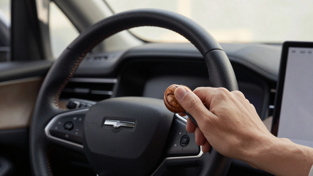 Close-up of a leather-wrapped steering wheel and wooden gear shift knob with fine stitching and natural textures.