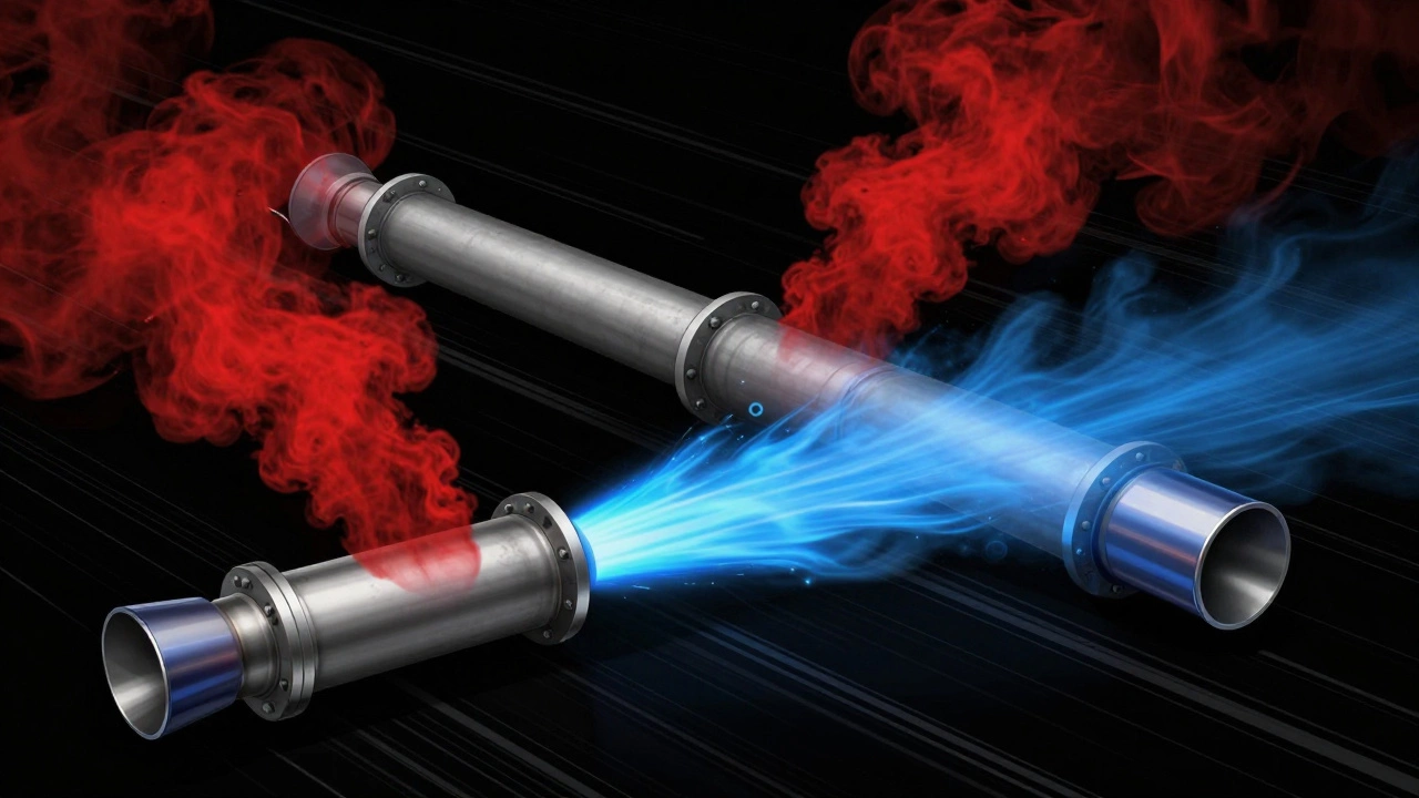 Contrasting exhaust flow: a choked 2-inch pipe versus a smooth 3-inch pipe with clean gas movement.