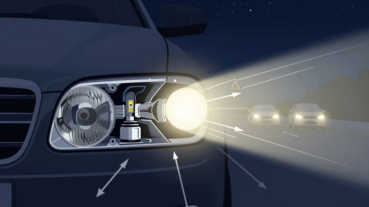 Cross-section diagram of a headlight housing showing how an improperly placed LED bulb scatters light dangerously.