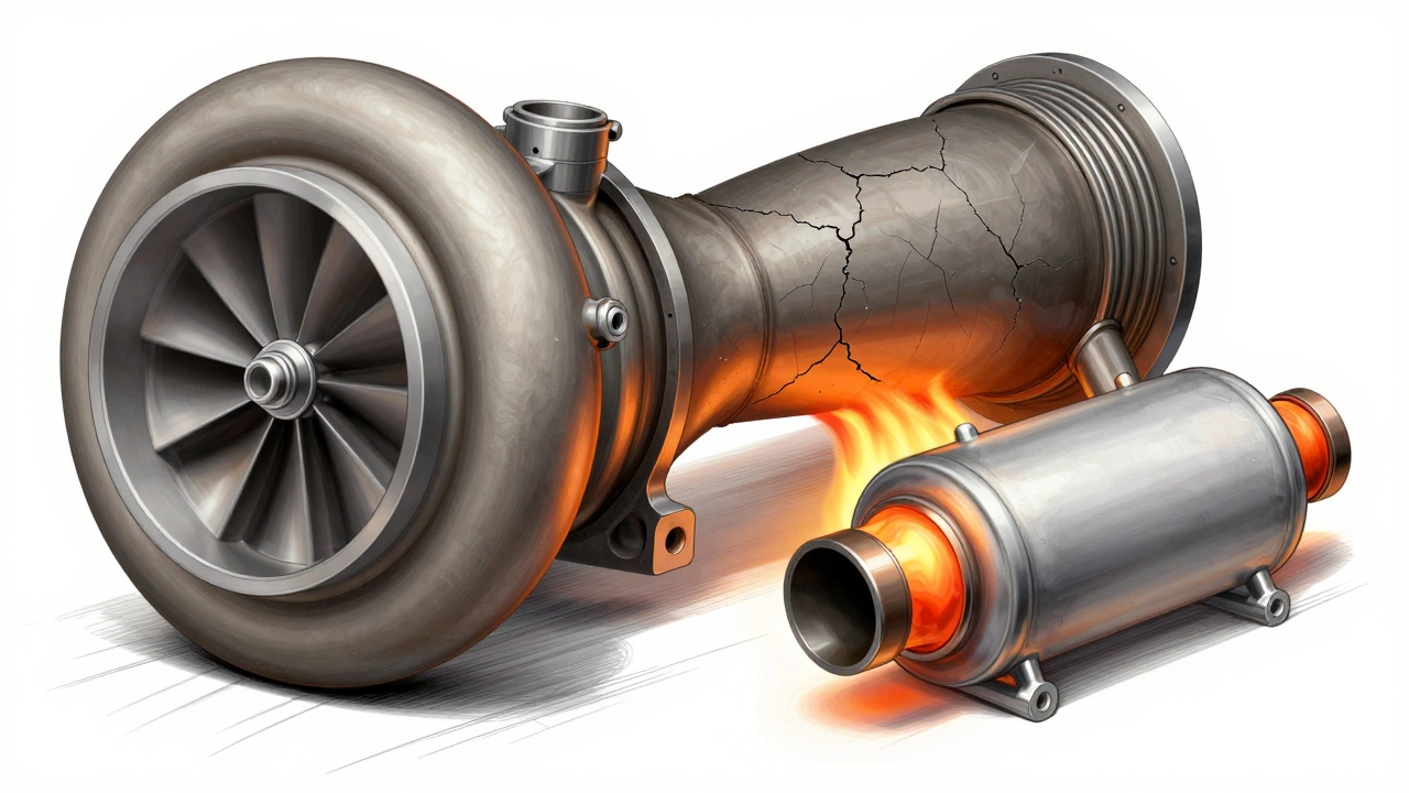 Cross-section of a turbocharger system showing a cracked manifold and melting catalytic converter under extreme heat.