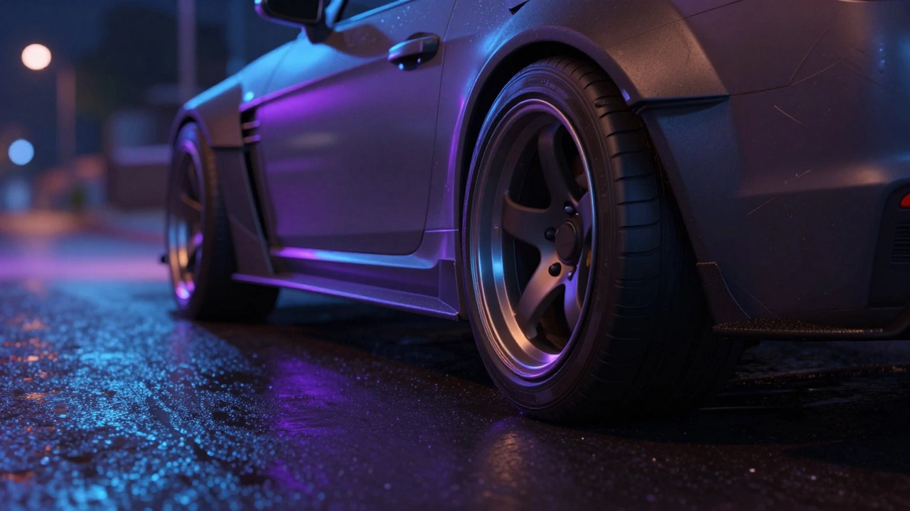 Low-angle night shot of a car with aggressive wheel stance, tires extending slightly past fenders under neon lights.