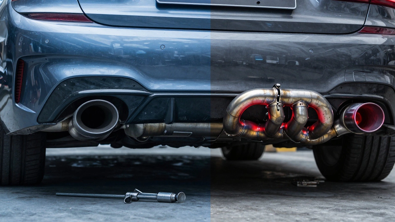Mechanic examining a cracked exhaust manifold with contrasting images of factory and modified exhaust systems.
