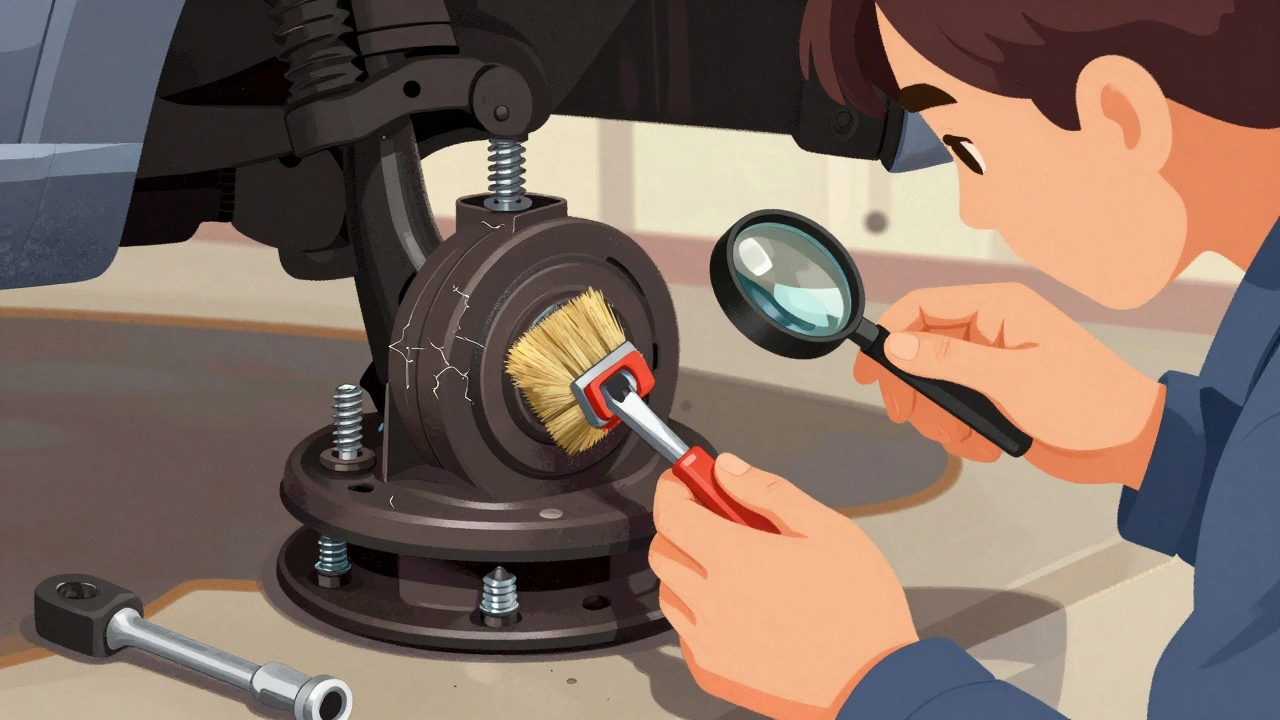 Mechanic inspecting a wheel spacer for cracks and applying thread locker during routine maintenance.