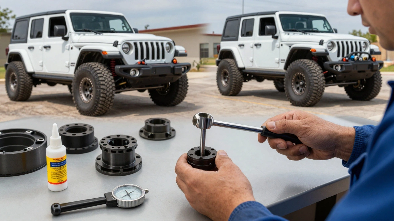 Mechanic torquing hub-centric spacers on a lifted 4x4, with tools and comparison of safe vs. failed setups in background.