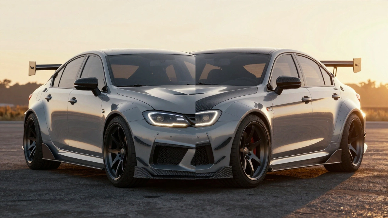 Split image of a car transformed from stock to aggressive widebody style under golden hour lighting.