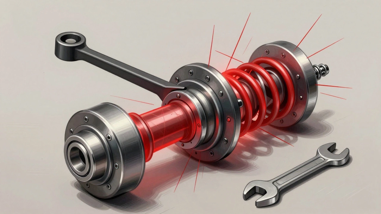 Technical illustration of suspension stress from a 2-inch spacer, highlighting forces on bearings and studs with red stress lines.