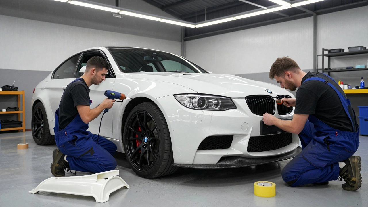Technicians installing a widebody kit on a BMW M3 in a professional auto shop with tools and paint materials.