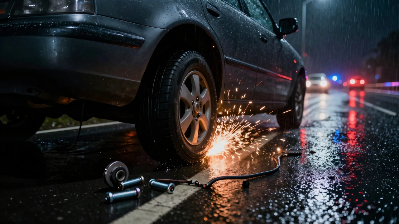 A car losing control on a wet highway with one wheel detached, sparks flying from a frayed brake line.