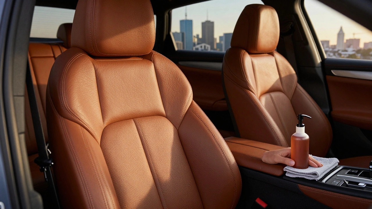 A driver's hand resting on luxurious leather car seats with sunlight streaming through the windshield.