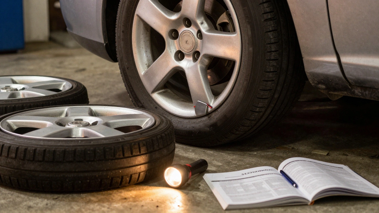 A magnet barely sticking to one car wheel while falling off another, showing magnetic difference.