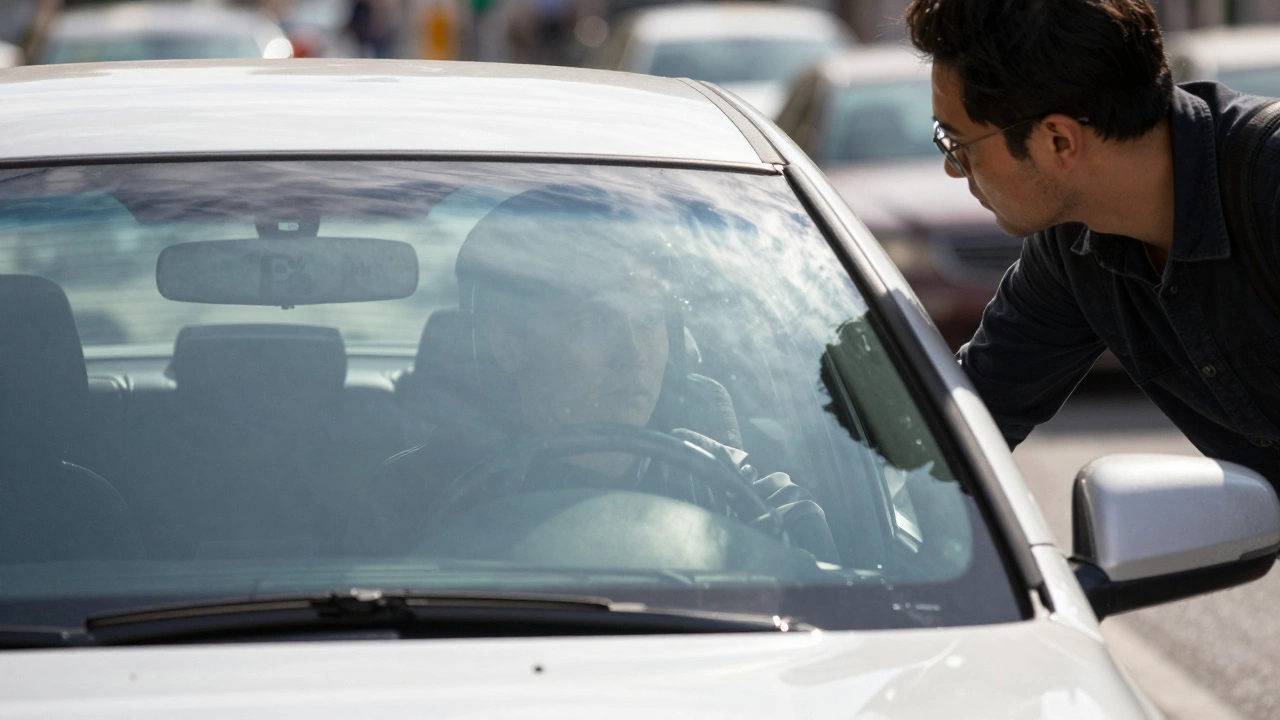 A pedestrian peering into a car during daylight, seeing模糊 shapes through dark tinted windows at a traffic light.