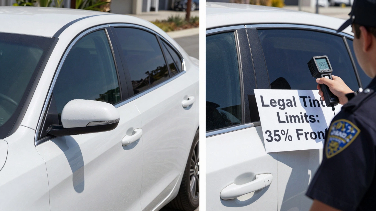 A police officer using a tint meter on a car's front window while a legal and illegal tint comparison is shown beside it.