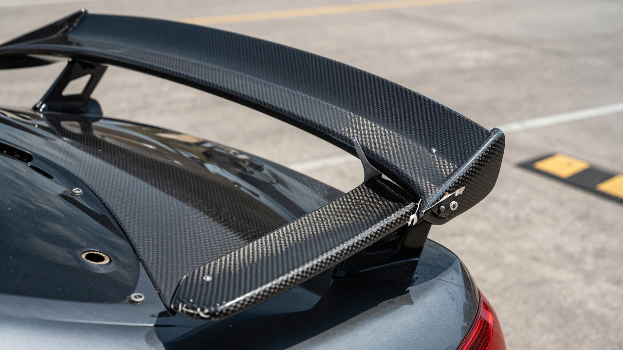 Carbon fiber spoiler lifting from trunk due to improper screw installation and adhesive failure.