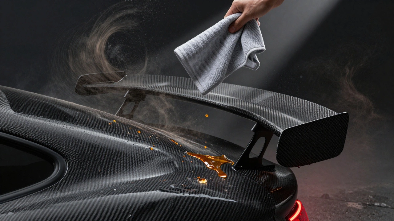 Carbon fiber spoiler surrounded by bird droppings, tree sap, and dust, with moisture seeping into a crack.