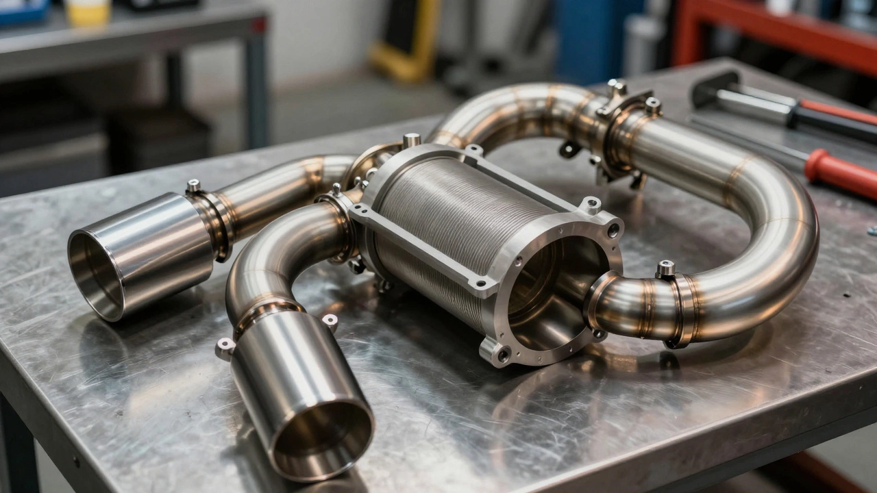 Custom aftermarket exhaust components displayed in an automotive workshop.