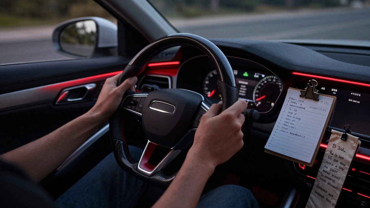 Hands gripping a carbon fibre steering wheel with soft red ambient lighting and a magnetic notepad on the glovebox.