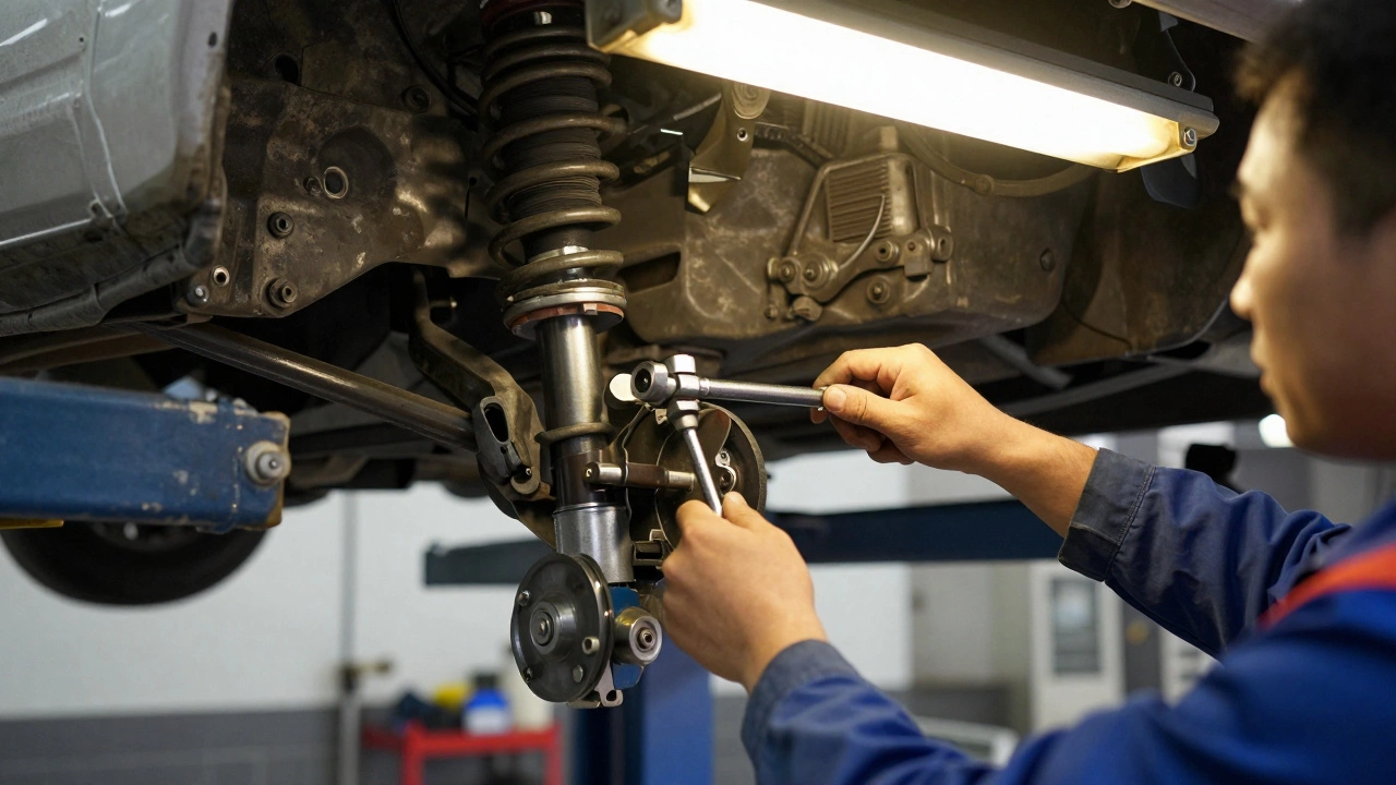 Mechanic adjusting suspension geometry tools on strut assembly.