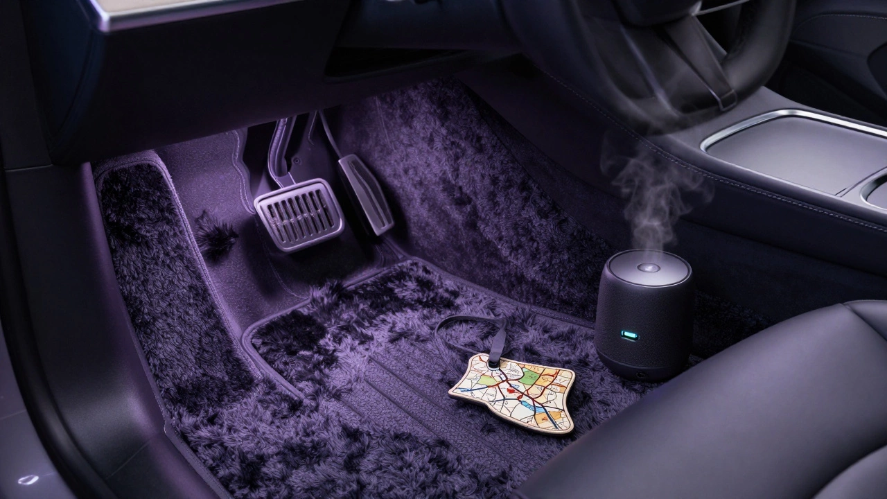 Plush rug and lavender LED lighting in a car footwell with a small USB diffuser and custom keychain.
