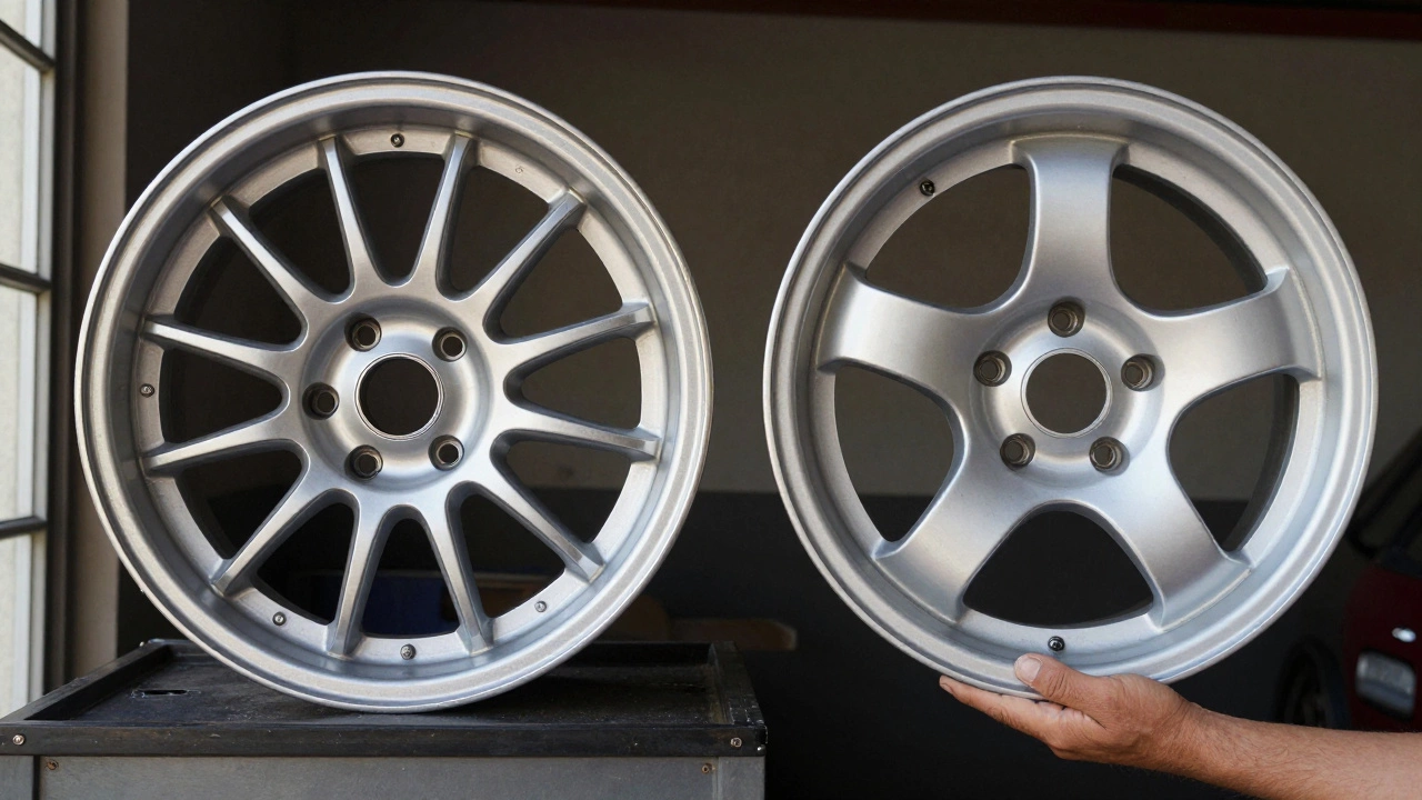 Side-by-side comparison of a lightweight alloy wheel and a heavier steel wheel in a garage.