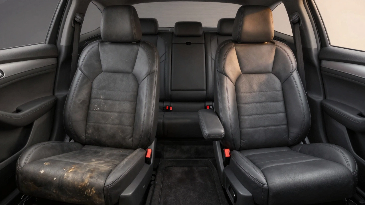 Side-by-side comparison of worn fabric car seats and newly installed premium leather seats with visible airbag stitching.
