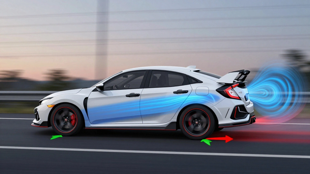 Side-view aerodynamic forces on a Honda Civic Type R at high speed, showing downforce and drag.