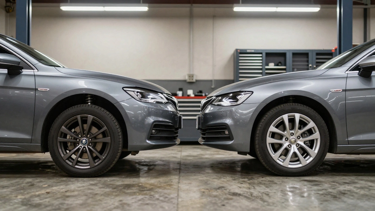 Two cars comparing steel versus alloy wheel suspension response