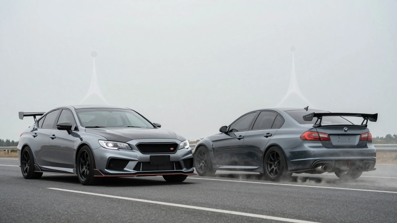Two sedans side by side—one with a large spoiler creating turbulence, the other clean and stock.