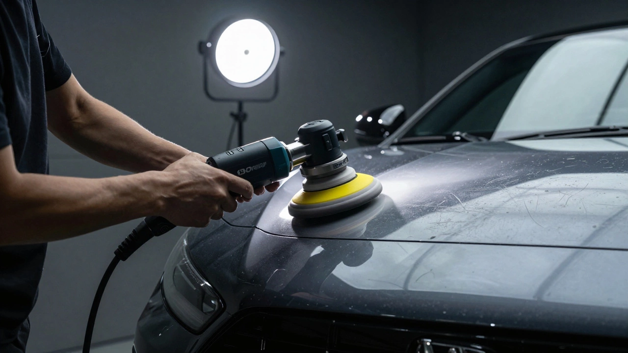 A detailer using a DA polisher and LED light for paint correction