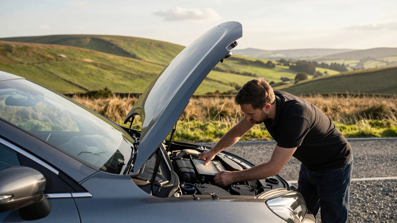 A person checking their car's air filter on a rural gravel road in the UK countryside