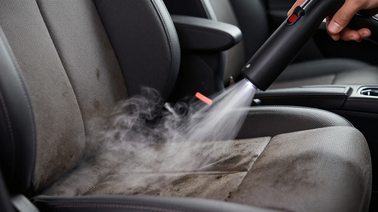 A steam cleaner removing stains from a car's fabric upholstery seat.