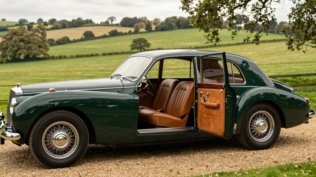 British Racing Green classic car with tan leather interior at a countryside estate.