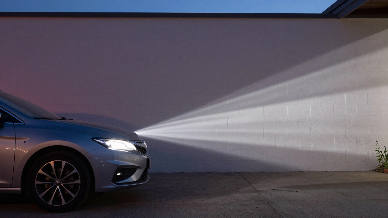 Car headlights projecting a focused beam of light onto a wall for alignment testing