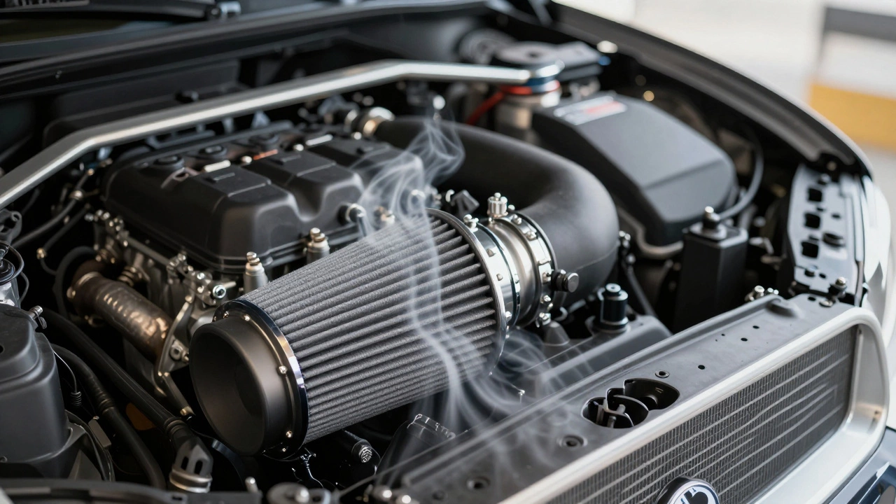 Close-up of a cold air intake system showing heat distortion from the engine radiator