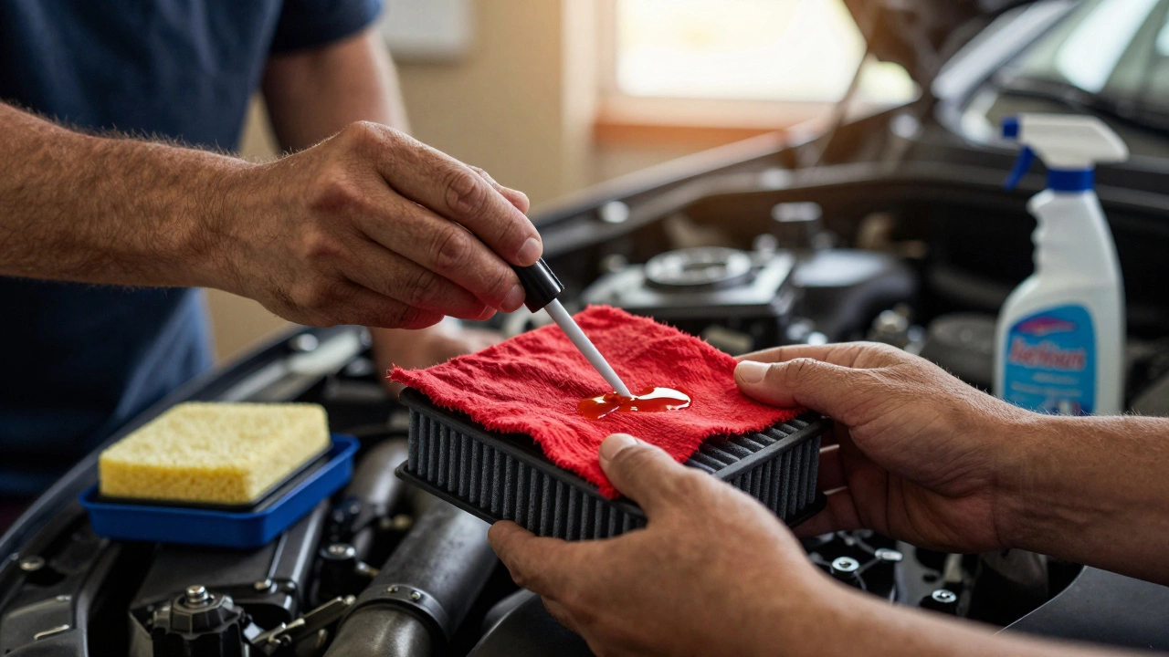 Close-up of hands applying recharging oil to a red reusable performance air filter.