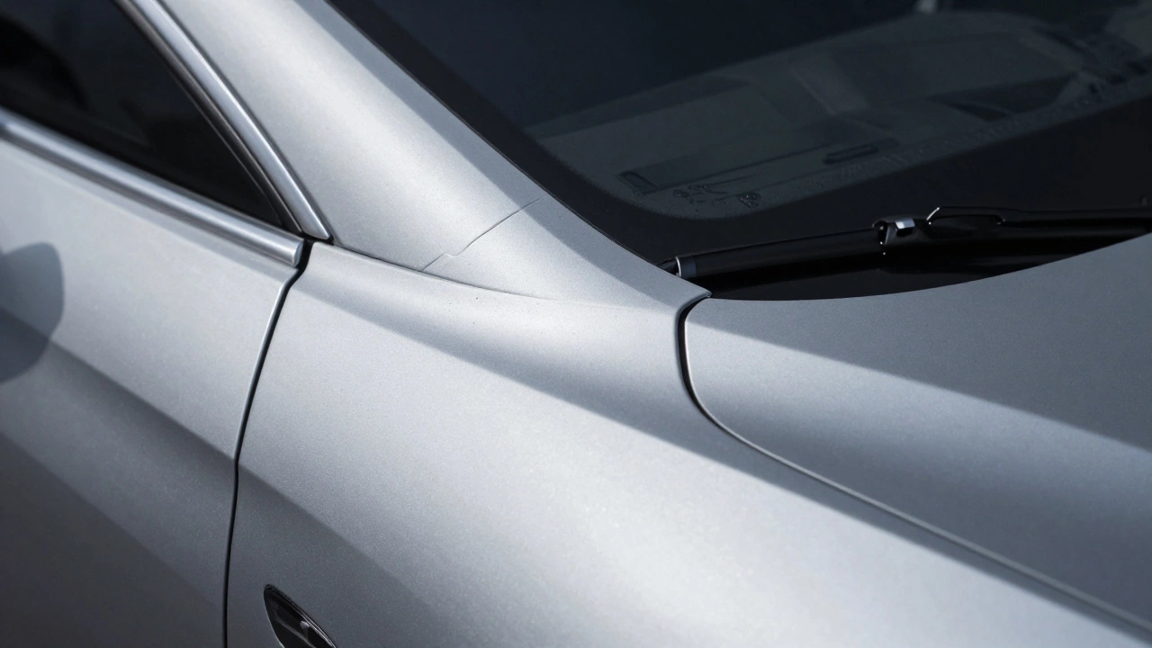 Close-up of the metallic silver and grey paint contours of a luxury car.