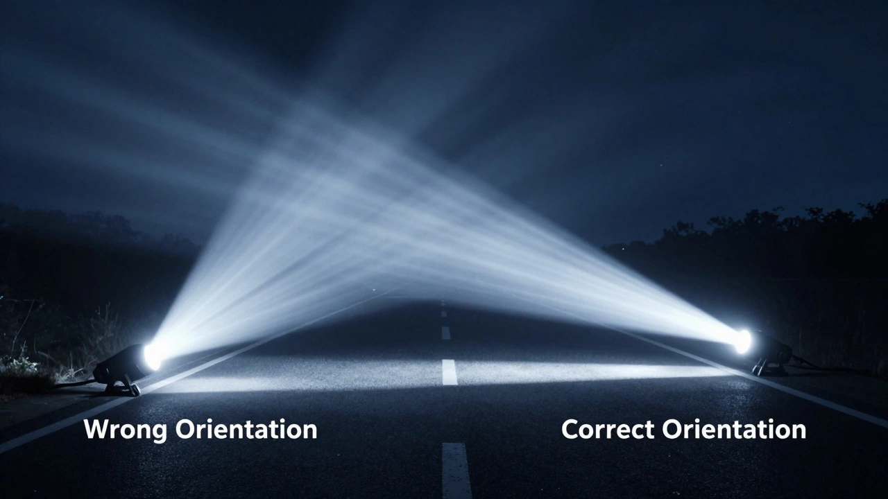 Comparison of a scattered, blinding light beam versus a focused, horizontal LED beam