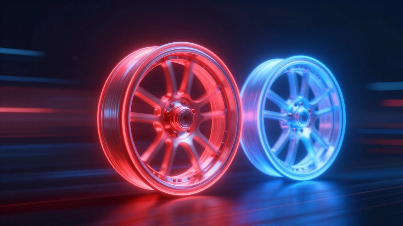 Conceptual 3D visualization of rotational mass and inertia in car wheels.