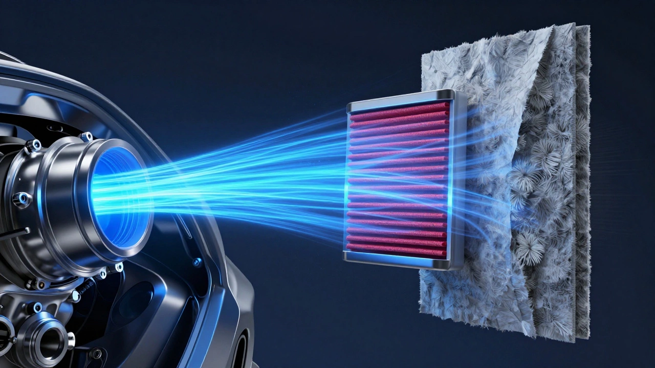 Conceptual diagram showing increased airflow through a performance filter versus a paper one.