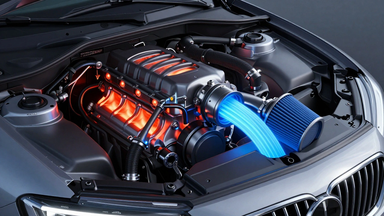 Diagram showing cool blue air flowing through a performance intake system into a hot engine.