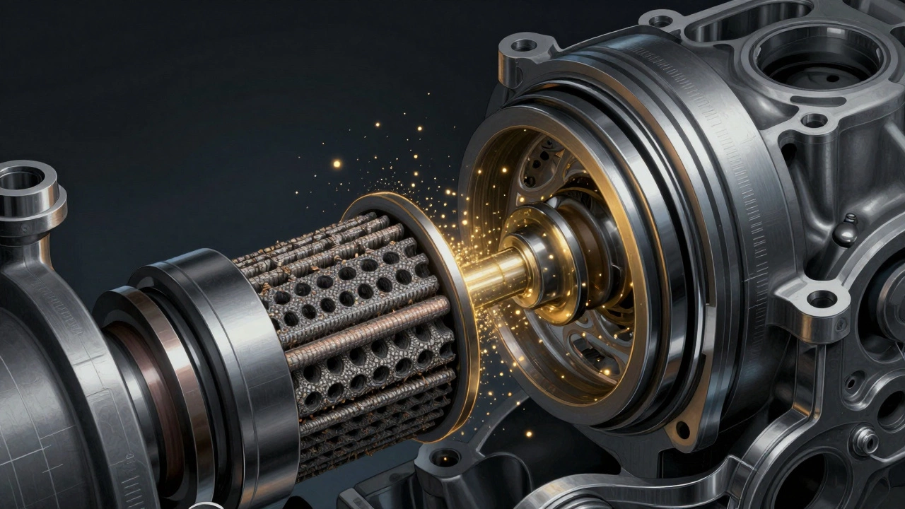 Diagram showing grit and dust particles scratching cylinder walls and piston rings