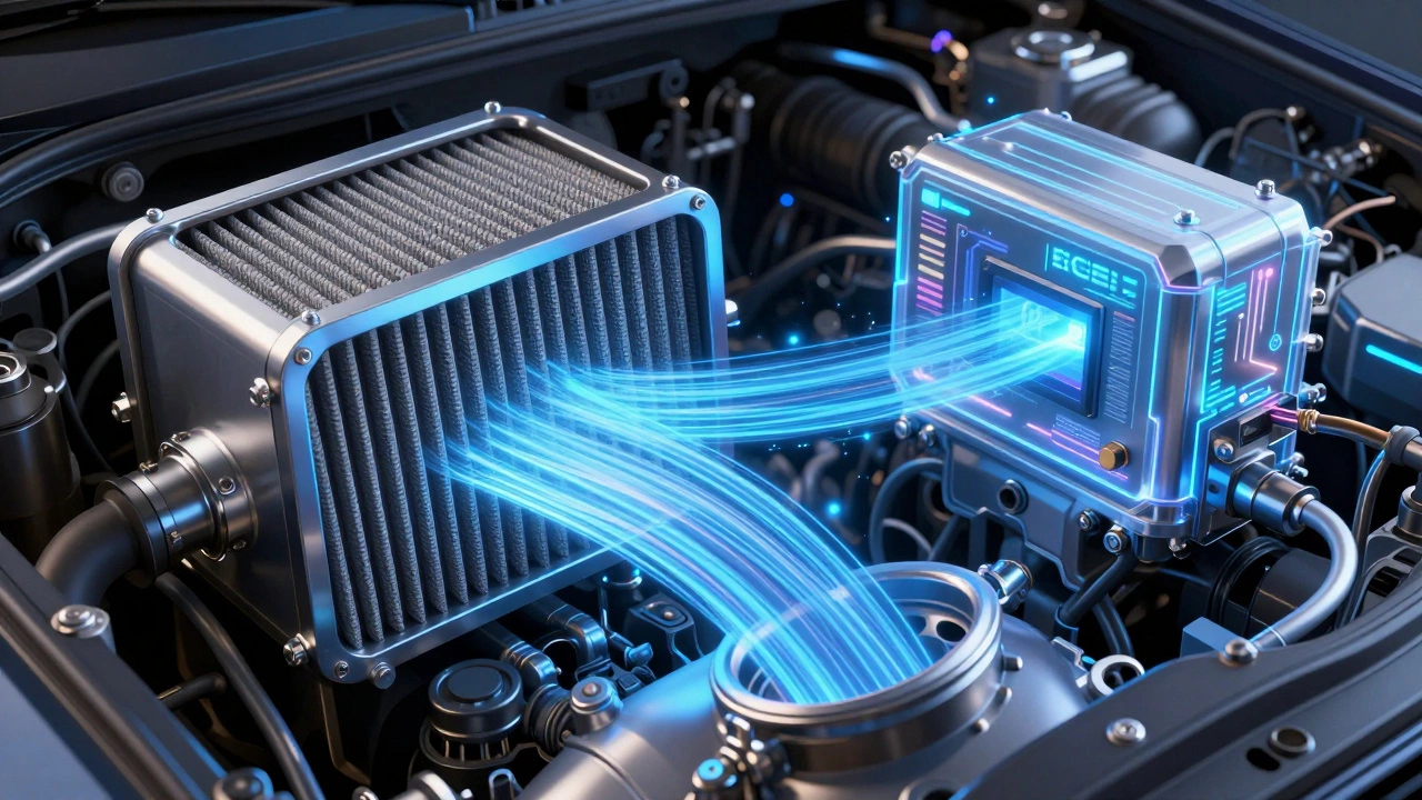 Digital illustration of air flowing through a filter and being processed by a car's ECU