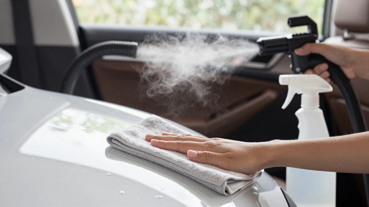 Eco-friendly detailing with a microfiber towel and interior steam cleaning