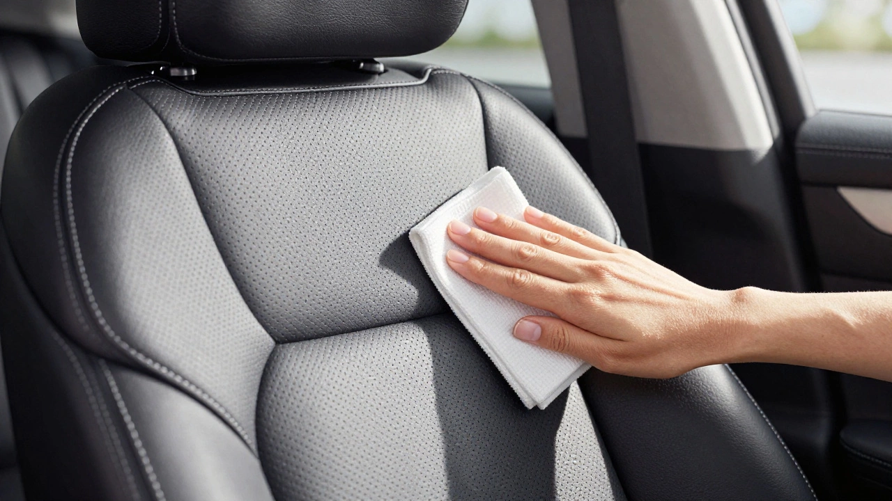 Hand applying leather conditioner to a perforated car seat with a microfiber cloth