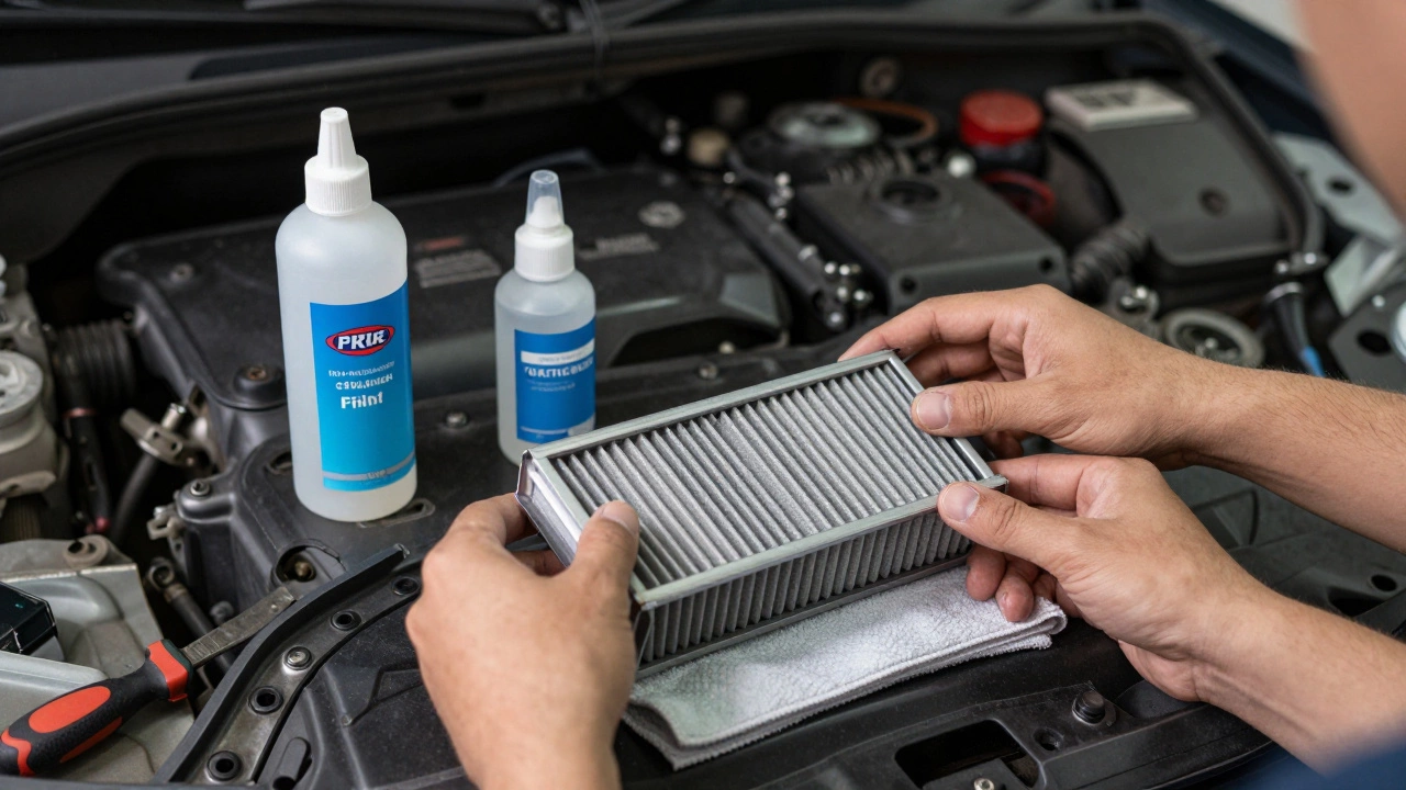 Hands of a mechanic cleaning and oiling a reusable performance air filter in a garage.