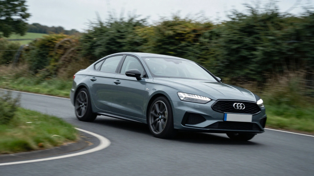 Low-angle shot of a lowered sedan cornering smoothly on a winding road