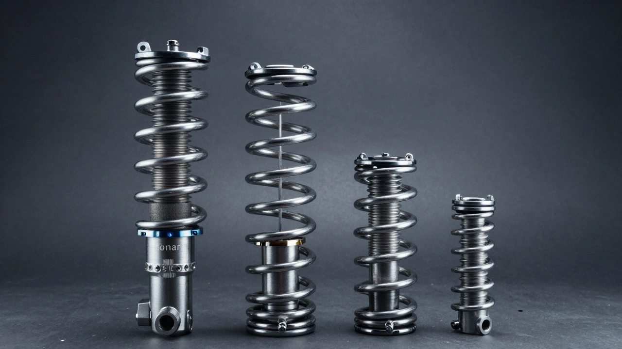 Side-by-side view of a stock coil spring and a shorter lowering spring