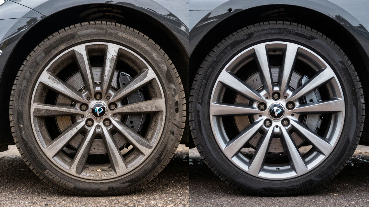Split screen showing a dirty car wheel compared to a clean, polished wheel.